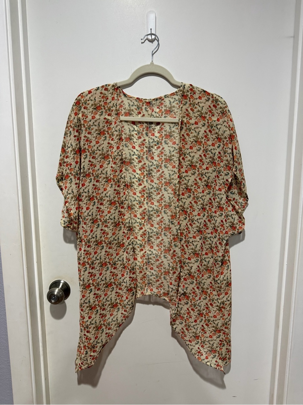 Floral Open-Front Kimono Cardigan - Cream with Red Floral Print